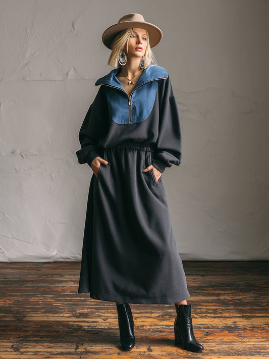 Fashion Casual Denim Collar Dark Grey Half-zip Sweatshirt Sports Maxi Dress