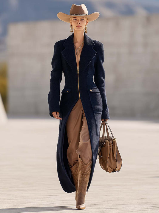 Exquisite Retro Western Style Large Lapel Front Zipper Dark Blue Woolen Long Coat