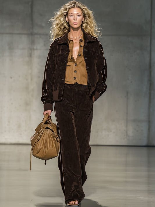 Fashion Retro Cocoa Brown Velvet Ribbed Jacket Wide-Leg Pants Sports Set
