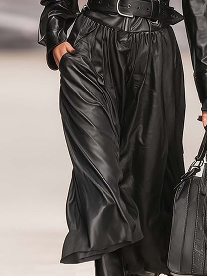 Fashionable Cool Lapel Black Faux Leather Front Zipper Long Sleeve Maxi Dress