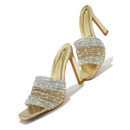 Gold  Square Toe 3'' Stiletto Heel Rhinestone Strappy Mules
