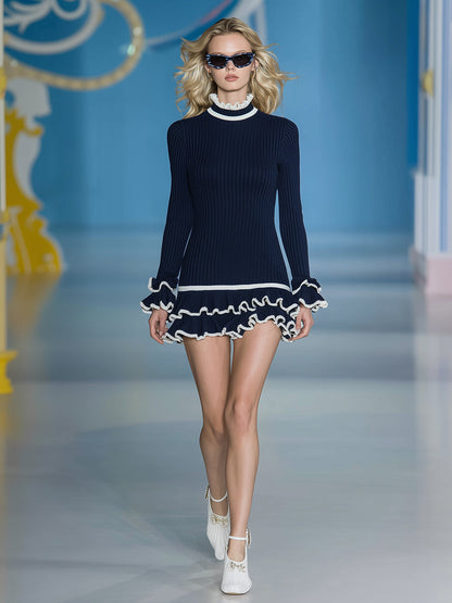 Fashionable Ruffle Hem Funnel Collar Long Sleeve Navy Blue Knitted Mini Dress