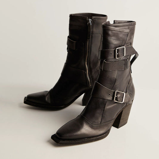 Dark Grey Snip Toe Zipper Chunky Heeled Ankle Boots with Buckle Strap