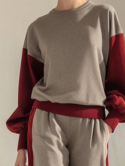 Fashionable Loose Gray Contrast Wine Red Sweatshirt Trousers Casual Set