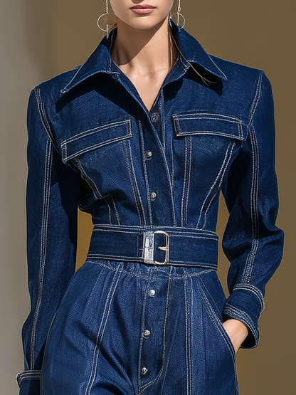 Fashion Retro Lapel Long-sleeved Denim Jumpsuit