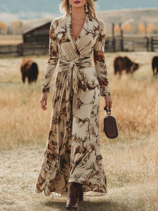 Fashion Retro Apricot Velvet Plum Blossom Print Lace-up Maxi Dress