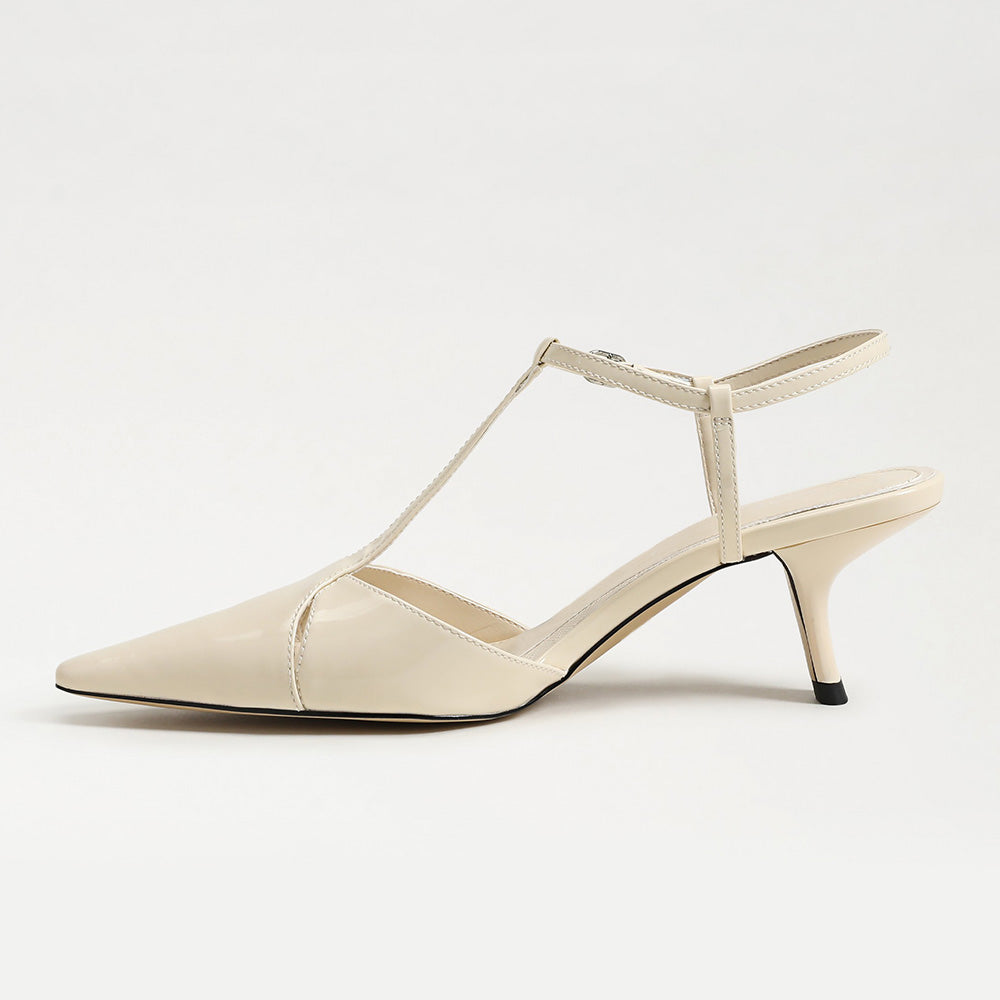 Elegant Ivory Pointed Toe T-Strap Chunky Heel Pumps for Women