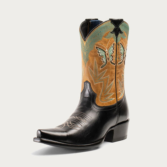 Embroidered Snip Toe Butterfly Inlay Black Cowgirl Booties for Women