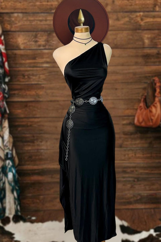 One Shoulder Slit Ruffled Maxi Dress