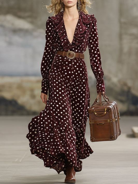Fashion Retro Wine Red Velvet Polka Dot Print Long Sleeve Ruffled Maxi Dress