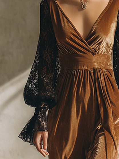 Elegant Retro Contrast Lace Sleeve Caramel Velvet Maxi Dress