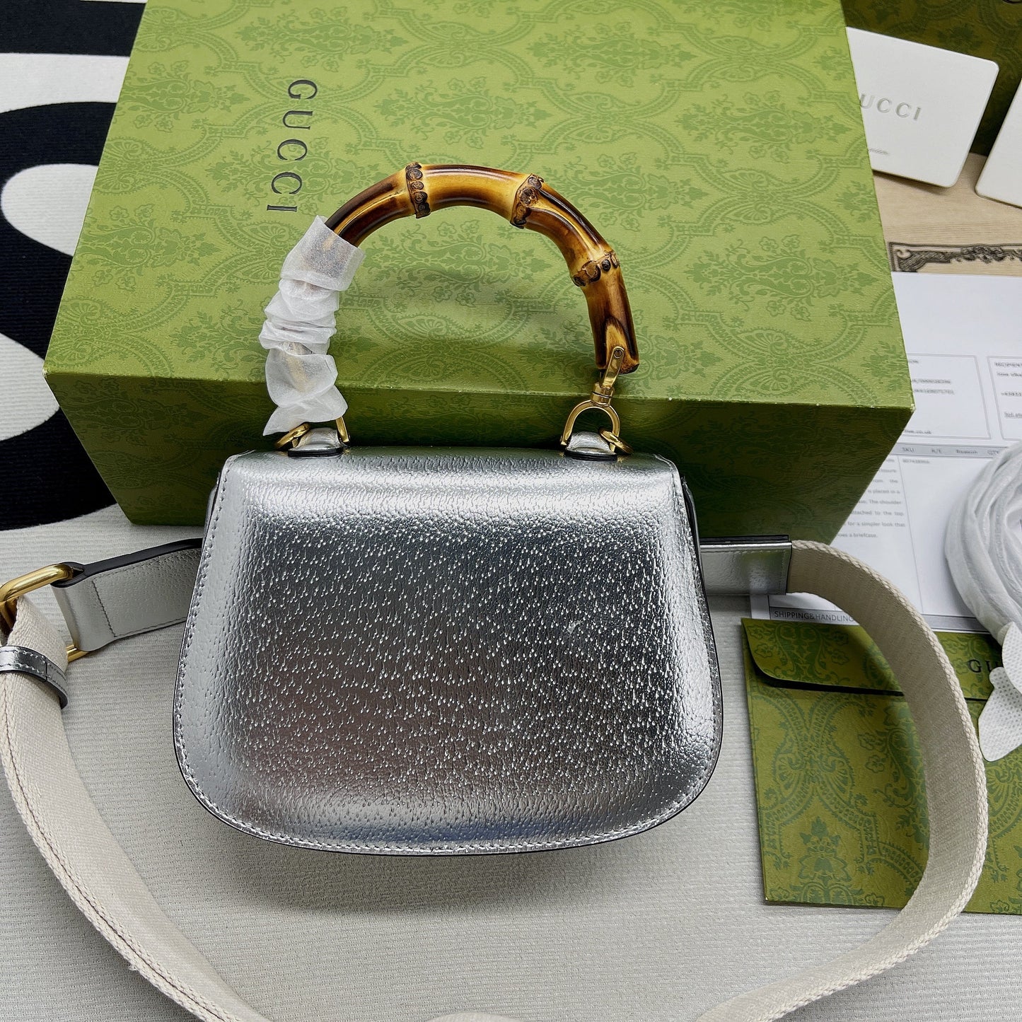 gg Bamboo 1947 Mini Top Handle Bag Silver For Women, Women&#8217;s Bags 6.7in/17cm gg