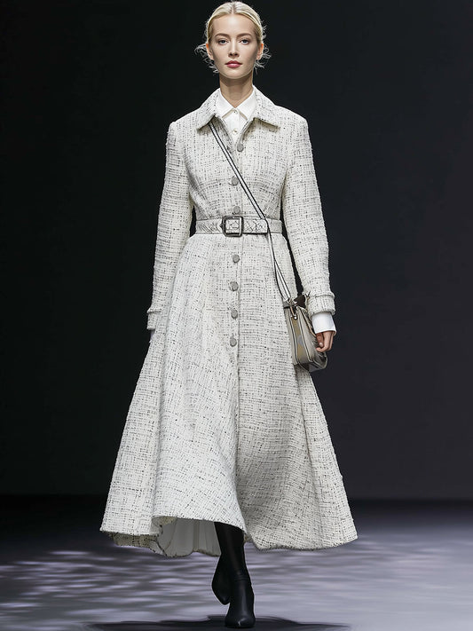 Elegant Vintage White Tweed Single-breasted Coat