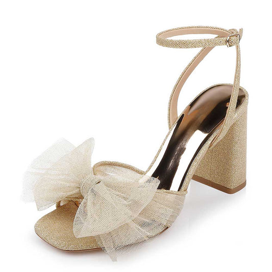 Full-Gold Fabric Bow Inlay Ankle Strap Block Heel Classy Sandals