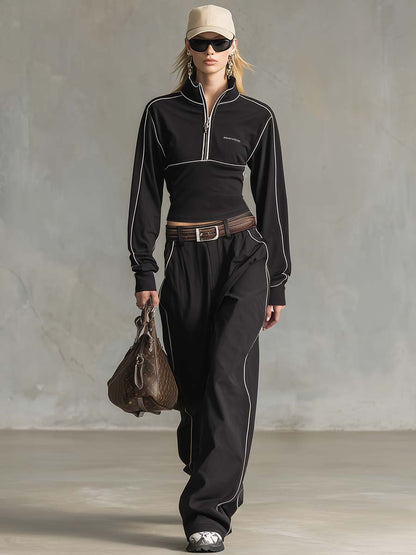 Exquisite And Fashionable Black Sports Cotton Front Zipper White Piping Top And Pants Set
