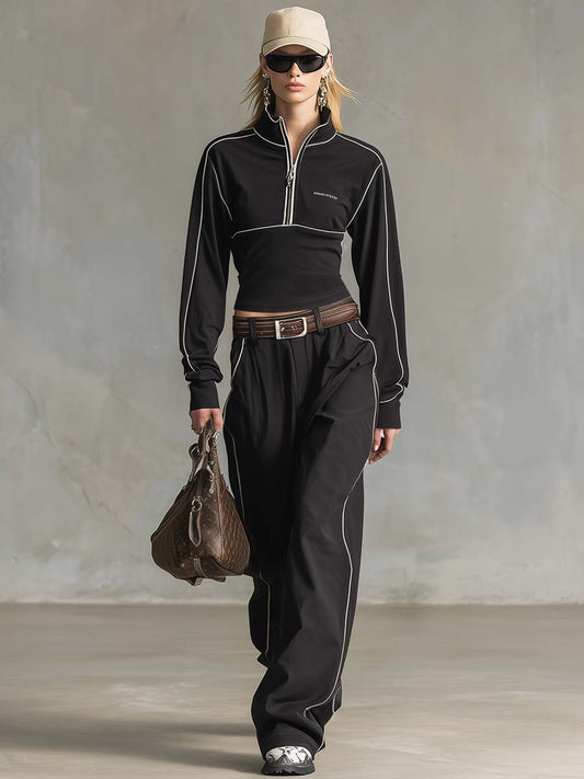 Exquisite And Fashionable Black Sports Cotton Front Zipper White Piping Top And Pants Set