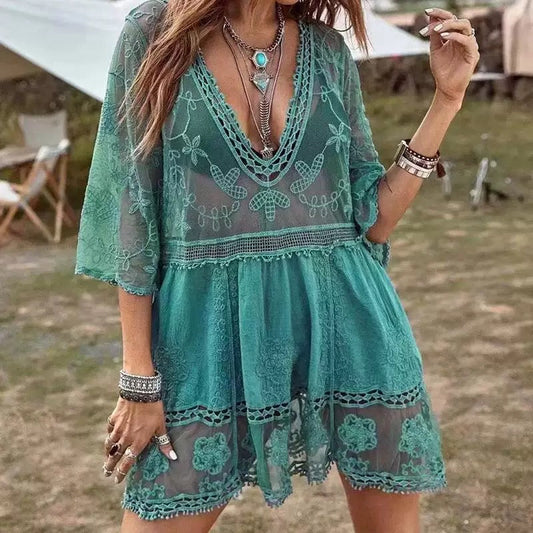 Lace Detail Plunge Cover-Up Dress/Bikini Cover Ups