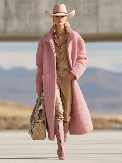 Fashionable Western Versatile Lapel Front Zipper Pink Polar Fleece Coat