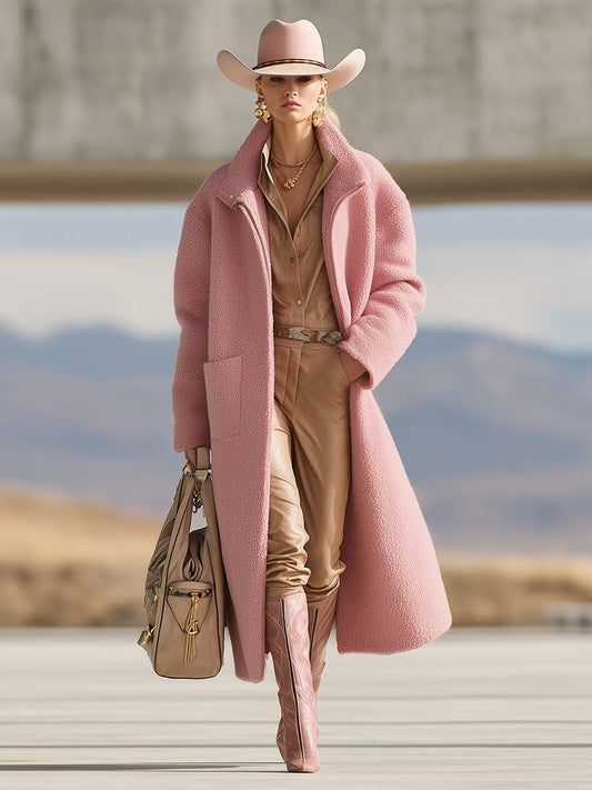 Fashionable Western Versatile Lapel Front Zipper Pink Polar Fleece Coat