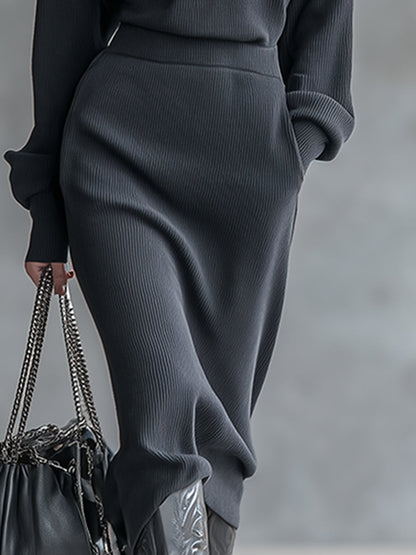 Fashionable And Casual Patterned Gray Half-zip Knitted Long-sleeved Midi Dress