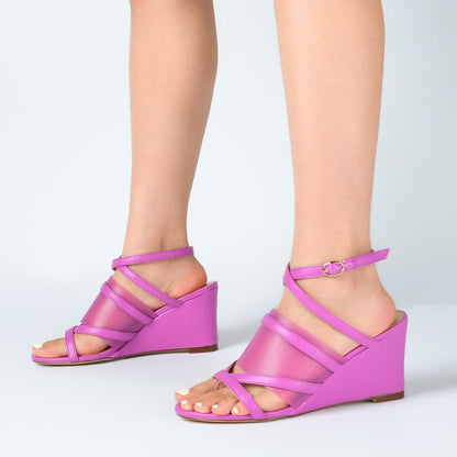 Fuchsia Open-Toe Crossover Strap Buckle Wedge Sandals for Women