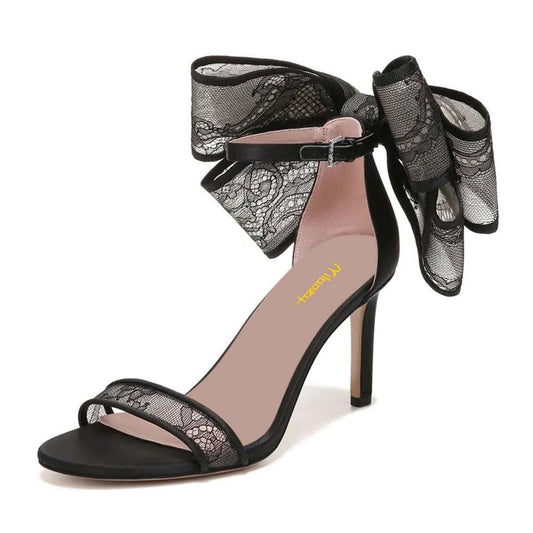 Elegant Lace Bow Stiletto Heel Ankle Strap Dress Sandals for Women