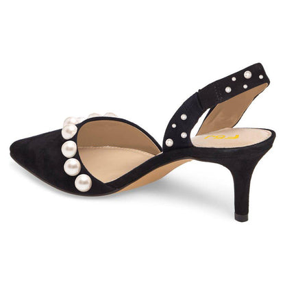 Elegant Black Vegan Suede Elastic Slingback Pumps Heels with Pearl