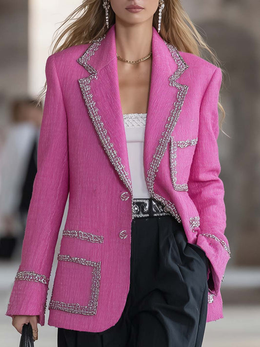Fashionable And Eye-catching Bright Pink Hemmed Chenille Loose-fitting Blazer