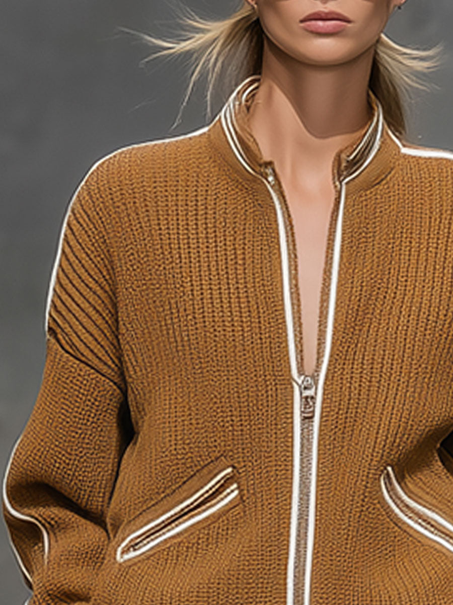 Fashion Retro White Trim Camel Knit Zipper Jacket Cardigan