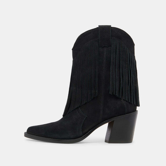Faux Suede Pointed Toe Embroidered Black Fringe Western Boots