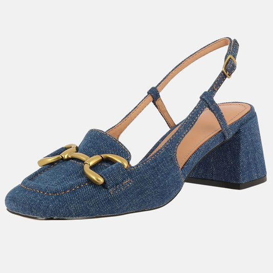 Denim Blue Closed Toe Block Heel Women's Slingback Pumps with Chain