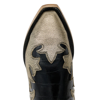 Gold & Black Block Heel Patchwork Snip Toe Western Boots for Women