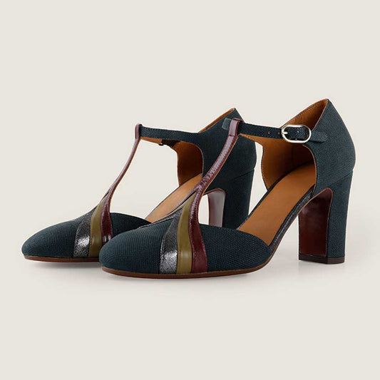 Dark Teal Buckle T-Strap Chunky Heel Pumps Shoes with Colorful Stripes