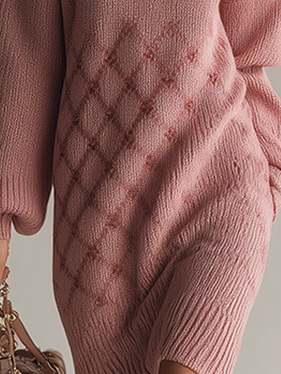 Elegant And Casual Dry Pink Half-zip Knitted Long-sleeved Midi Dress