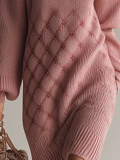 Elegant And Casual Dry Pink Half-zip Knitted Long-sleeved Midi Dress