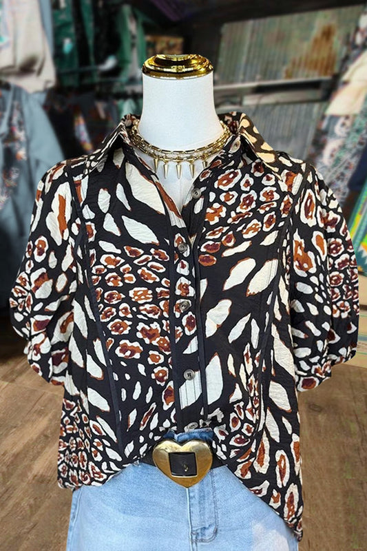 Abstract Print Collared Bubble Sleeve Top