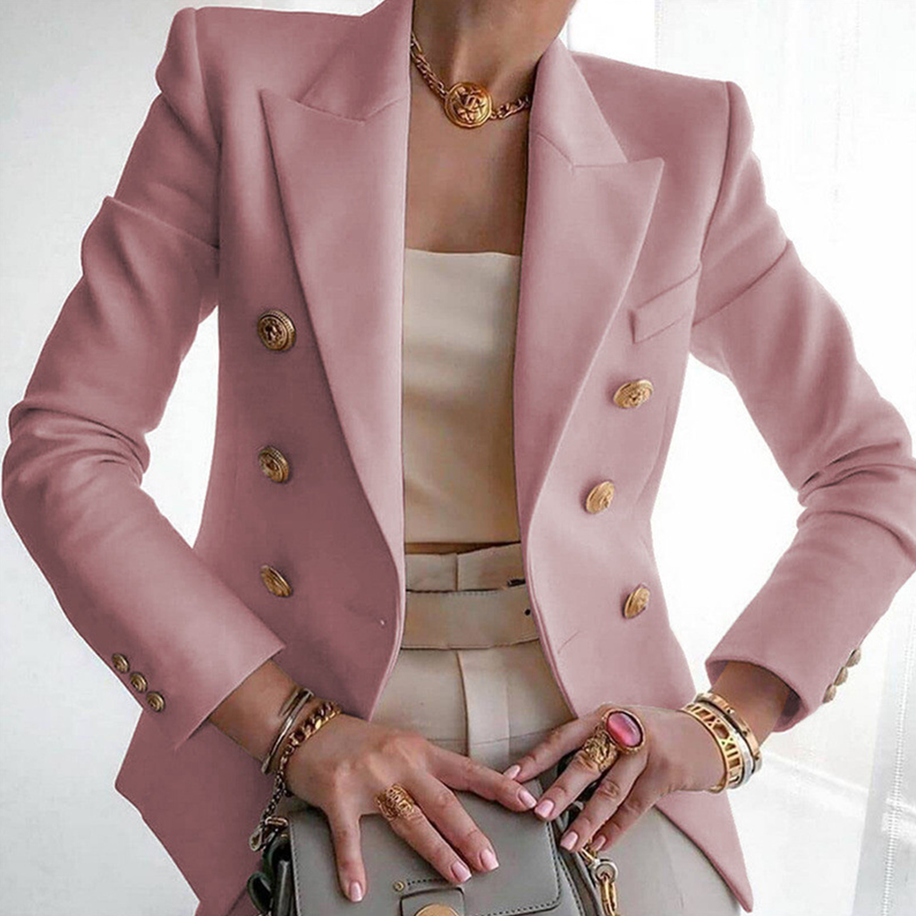 Formal Solid Double Breasted Long Sleeve Peaked Lapel Blazer