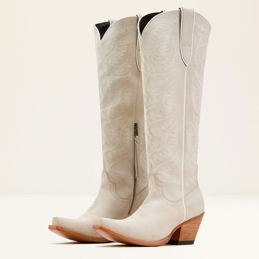 Embroidered Snip Toe Chunky Heel Zip Western Boots for Women in Ivory
