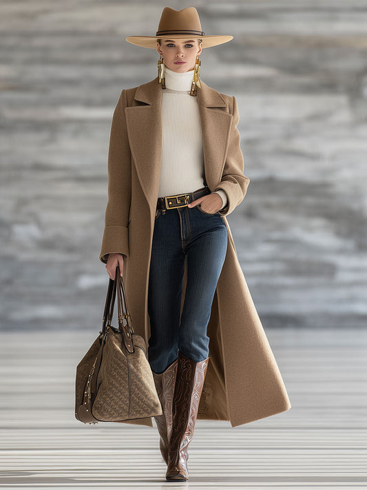 Fashion Retro Dark Khaki Woolen Long Coat With Large Lapel