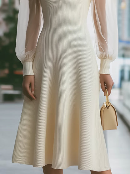 Elegant Cream Ribbed Midi Dress With Sheer Puff Sleeves
