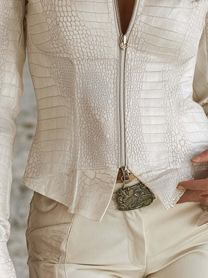 Elegant White Crocodile Pattern PU Lapel Front Zipper Jacket