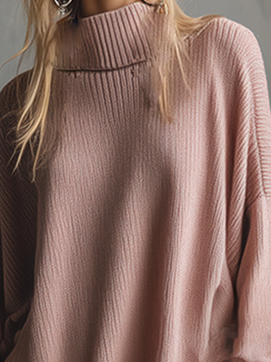 Elegant Lazy Dry Pink High Collar Ruffle Hem Ruffle Knitted Loose Midi Dress