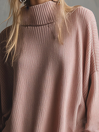 Elegant Lazy Dry Pink High Collar Ruffle Hem Ruffle Knitted Loose Midi Dress