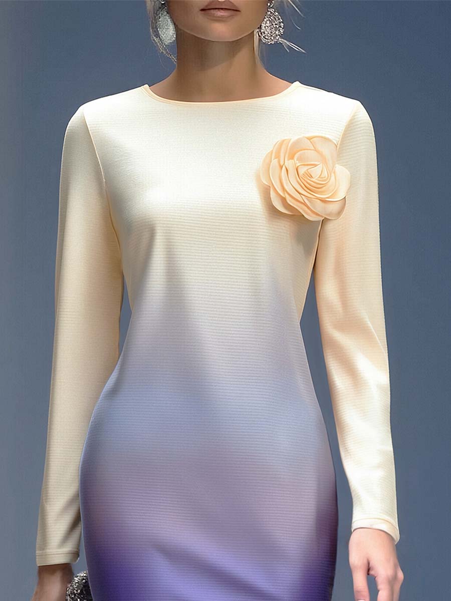 Elegant Three-dimensional Floral Decoration Beige And Purple Gradient Midi Dress