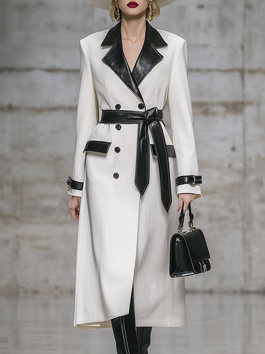 Elegant Urban Lapel White Stitching Faux Leather Mid-Length Coat