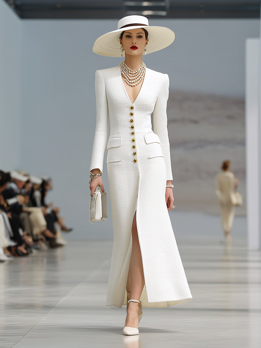 White Tweed V-neck Button-fastening Maxi Dress