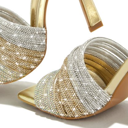 Gold  Square Toe 3'' Stiletto Heel Rhinestone Strappy Mules