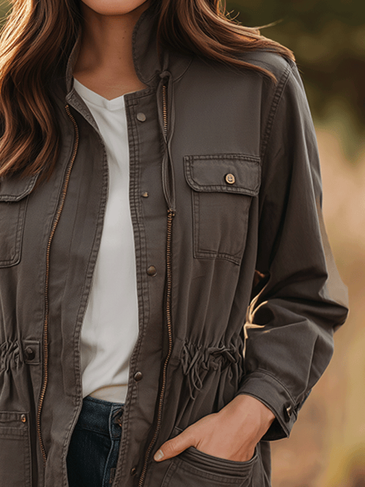 Daily Outdoor Military Gray Practical Drawstring Work Jacket