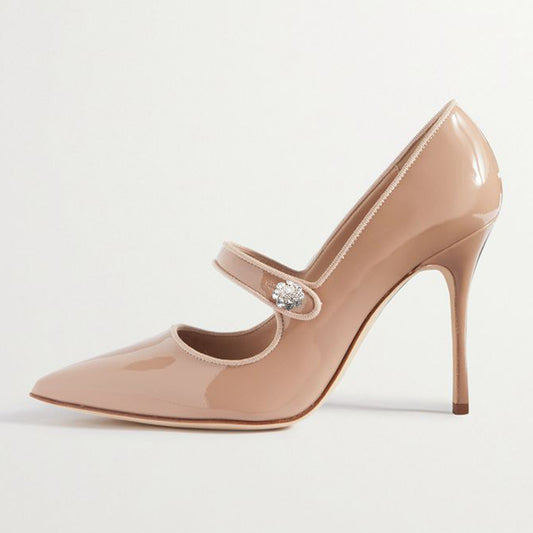 Beige Pointed Toe 3'' Stiletto Heel Mary Jane Pumps