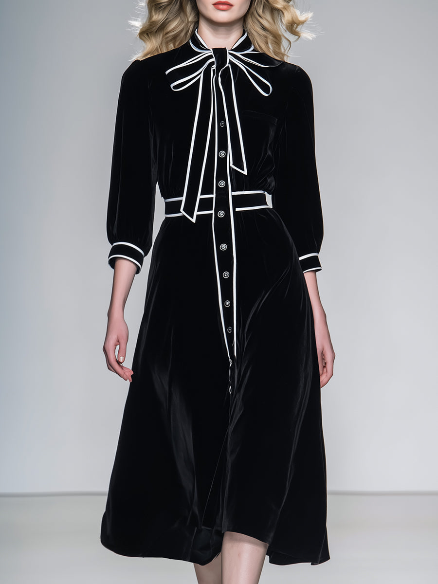 Elegant And Romantic White Hemmed Bow Black Velvet Midi Dress